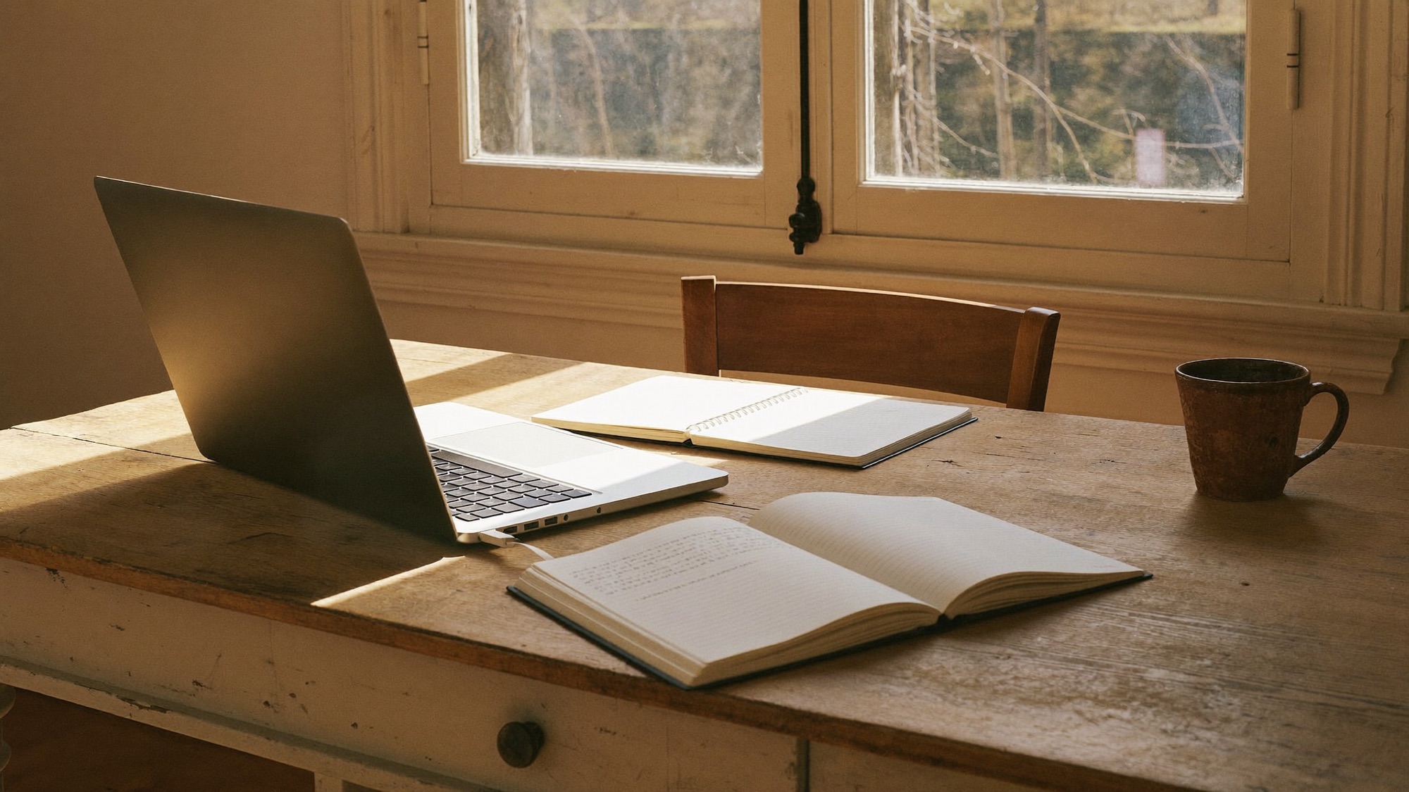 Ein Küchentisch am Fenster mit aufgeklapptem Laptop, zwei aufgeschlagenen E-Books und einer Tasse