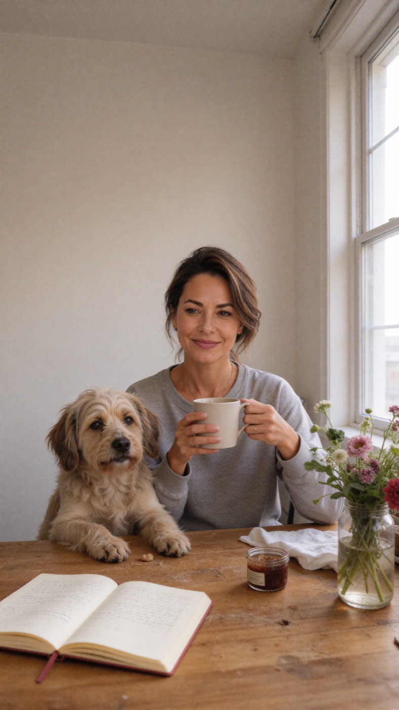 Gina am Küchentisch, mit einer Tasse Kaffee, dem Hund neben sich und einem aufgeschlagenen Notizbuch